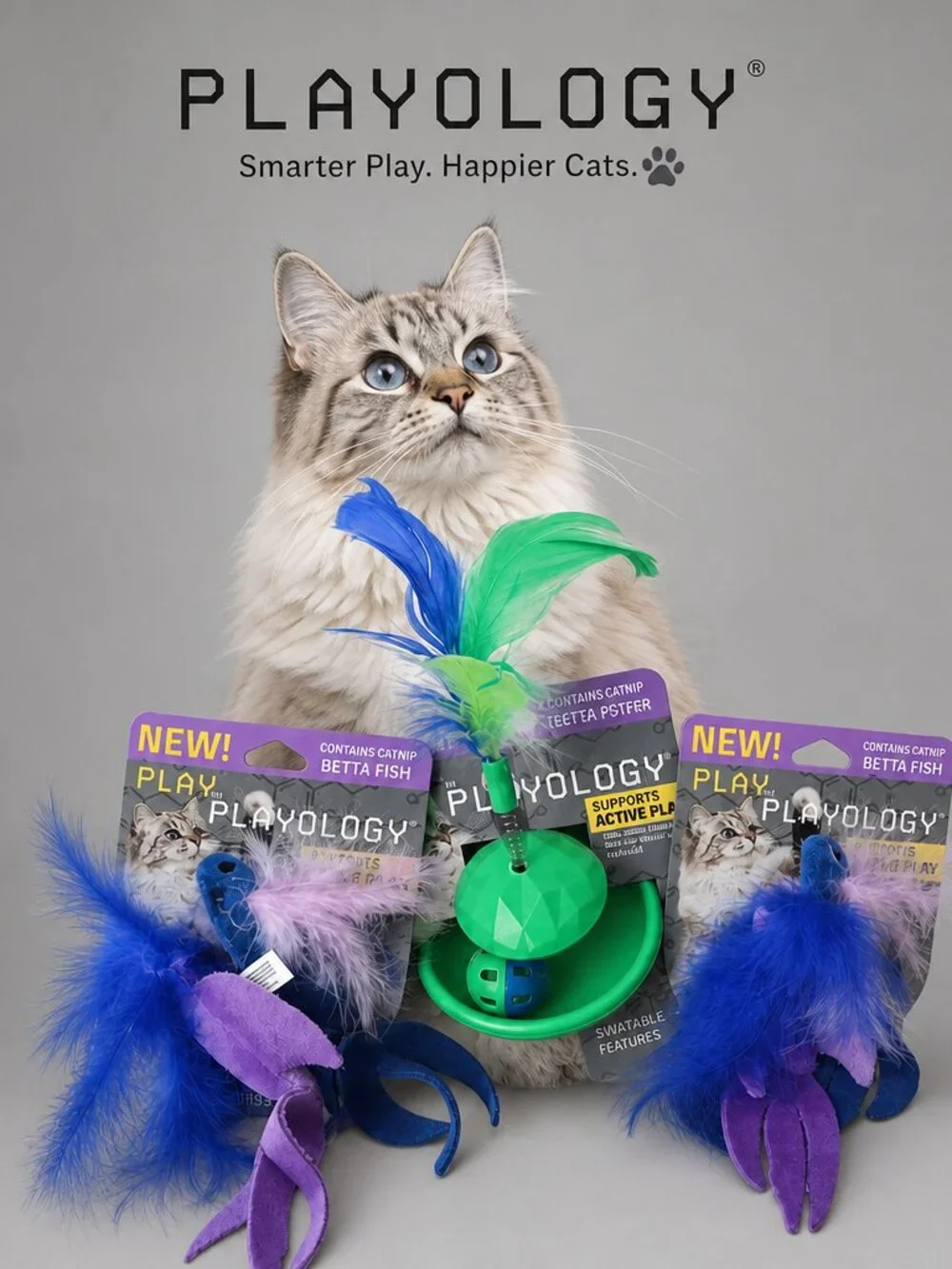 Playology Cat Toy Bundle (3‑Pack) – Catnip Betta Fish + Teeter Totter, New
